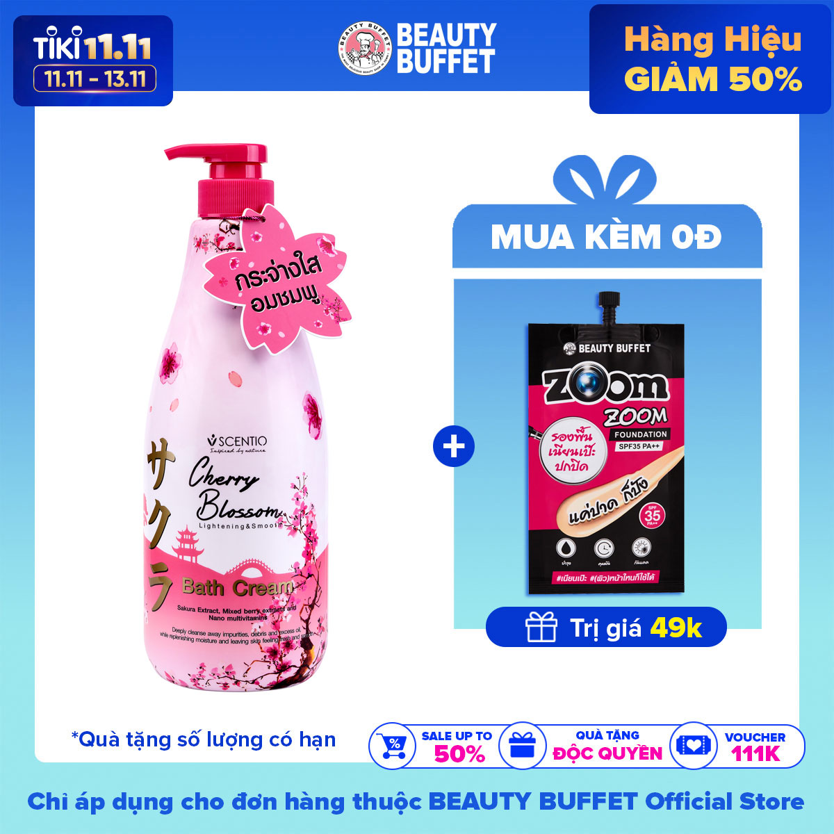 Kem tắm dưỡng ẩm làm sáng và mịn da  Beauty Buffet Scentio Cherry Blossom 700ml