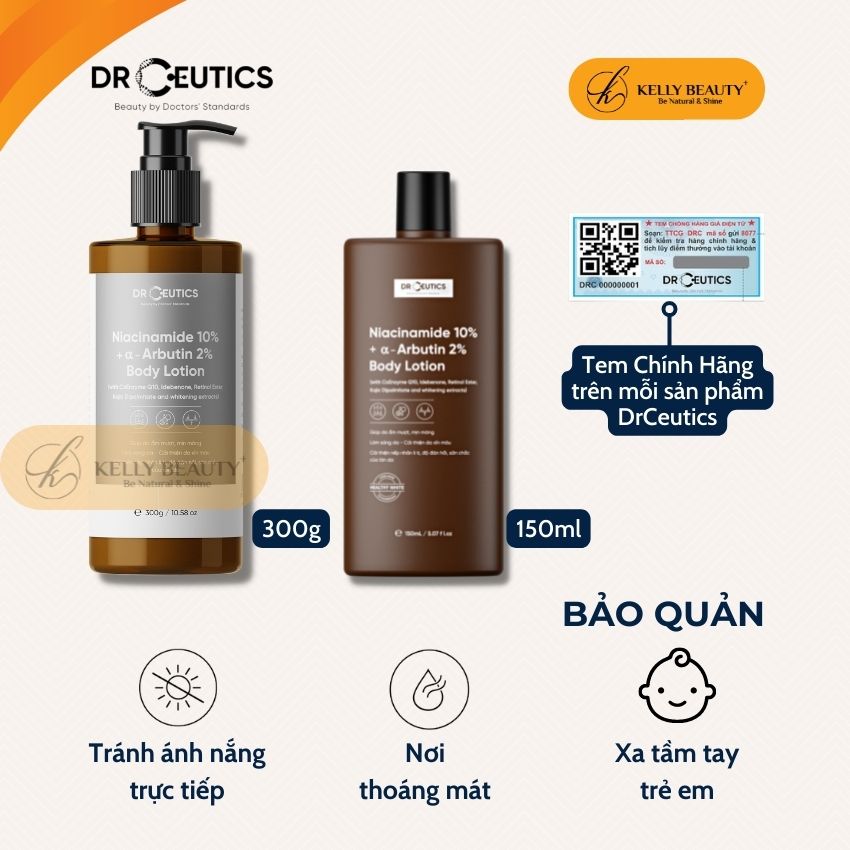 Sữa Dưỡng Thể Trắng Da DrCeutics - Dưỡng Ẩm, Nâng Tông, Chống Lão Hóa Da - Niacinamide 10% + α–Arbutin 2% | Kelly Beauty