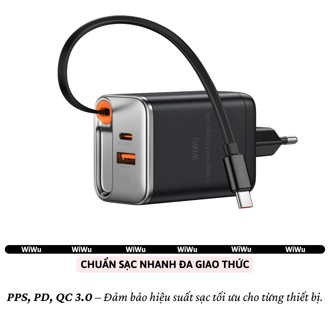 Adapter cóc củ sạc nhanh 45W PD USB C + USB-A 3.0 kèm dây sạc Type-C PPS chống cháy hiệu WIWU Helix Fast Charger cho iPhone iPad Oppo Samsung - Hàng nhập khẩu