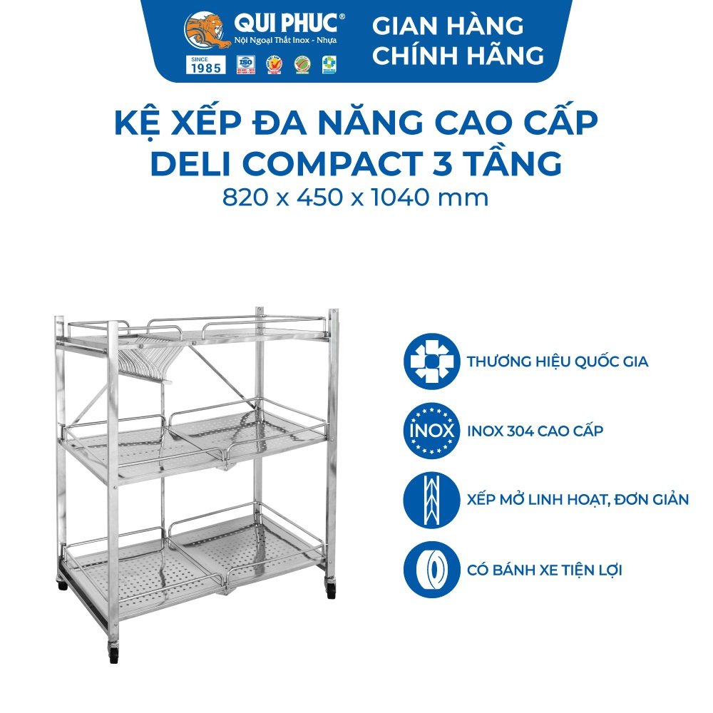 [Chính hãng Qui Phúc] Kệ xếp inox đa năng cao cấp Compact 3 tầng, có bánh xe di chuyển tiện lợi