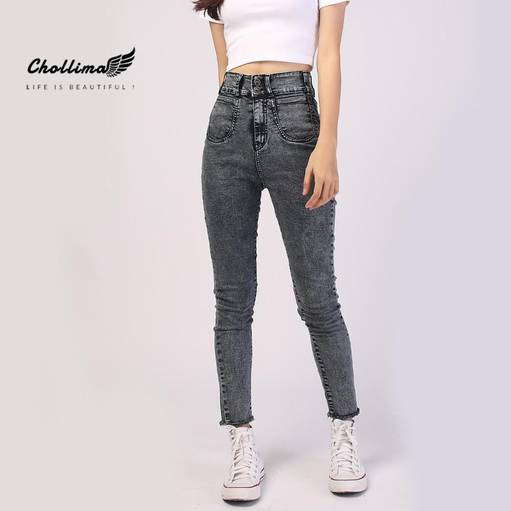 Quần dài jeans nữ co giãn Chollima cạp siêu cao khoét 2 túi màu xám QD006 – quần bò nữ