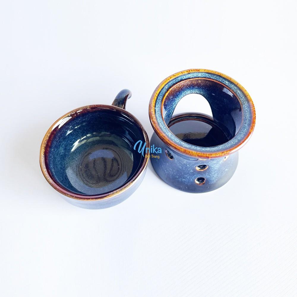 Bộ Đèn Giữ nóng Cà Phê - Bộ Đèn Đốt Tinh Dầu Men Xanh Hoả Biến - Bộ cafe nóng -  Gốm Sứ Unika Bát Tràng