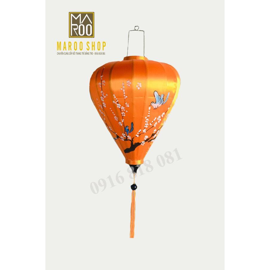 Đèn lồng Hội An vẽ hoa lá mùa xuân trên nền chất liệu vải phi bóng - kiểu tỏi - size 60 cm
