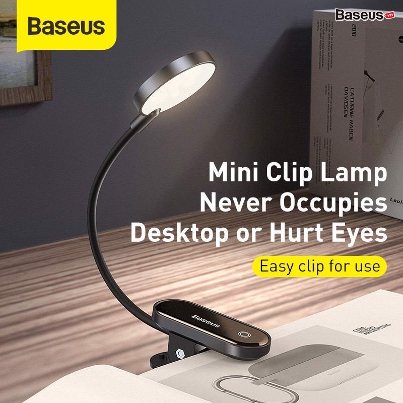 Đèn đọc sách mini, pin sạc tiện dụng Baseus Comfort Reading Mini Clip Lamp ( Dịu mắt, chân kẹp, 3 mức sáng, 350mAh, 24h sử dụng)hàng nhập khẩu