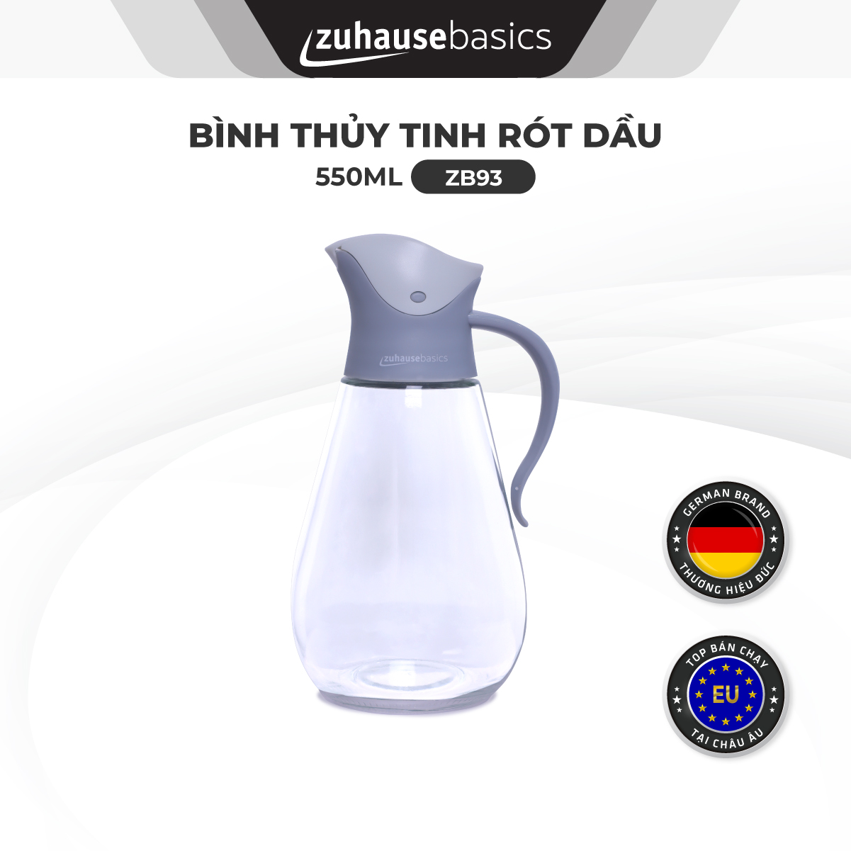 Bình thủy tinh rót dầu ăn, nước mắm tự mở nắp khi rót Zuhause basics ZB93 550ml - hàng chính hãng