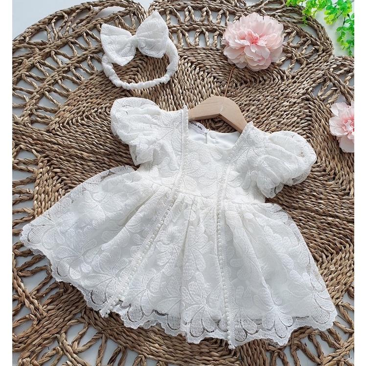 Váy ren trắng tiểu thư tay bồng tặng kèm phụ kiện xinh cho bé gái-Yolie Baby