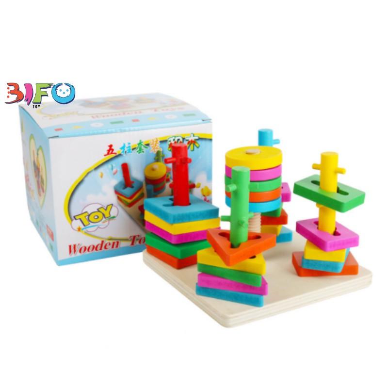 Đồ chơi Montessori luồn cọc thả hình khối 5 trụ đa dạng cho bé luyện kĩ năng tay khéo léo, học hình khối và màu sắc