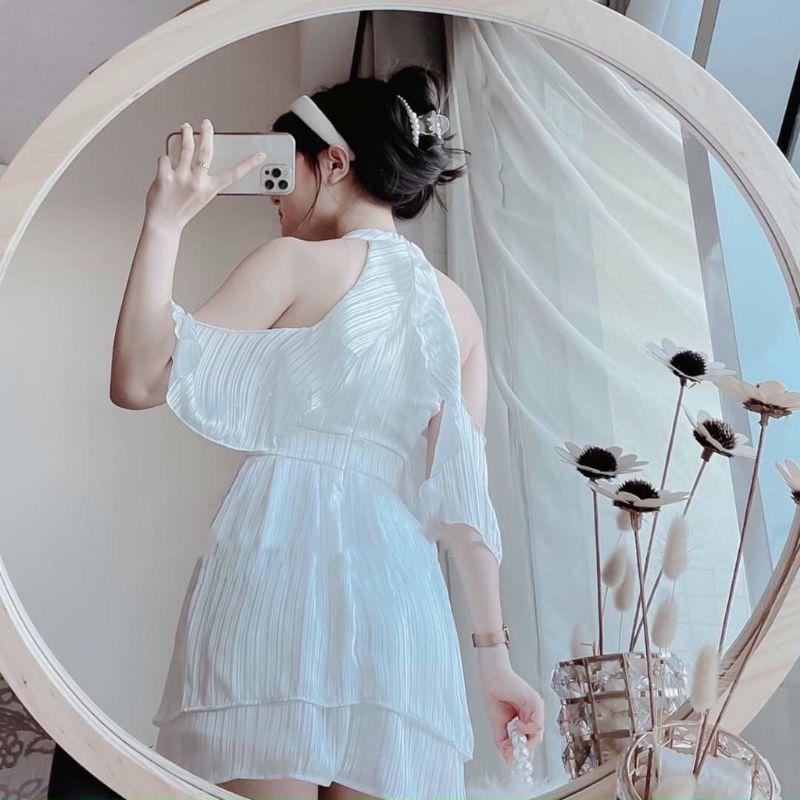 Đầm xòe trắng cổ yếm rớt vai dự tiệc, Váy đầm rẻ giá đẹp