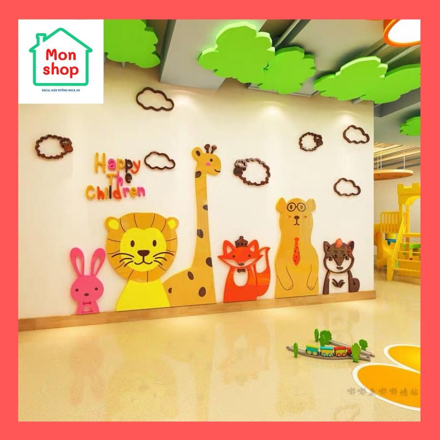 Decal dán tường mica 3D trang trí lớp học cho bé, hình các con vật dễ thương, happy