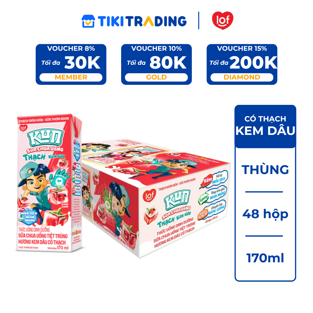 Thùng 48 hộp Sữa chua uống KUN hương dâu có thạch 170ml