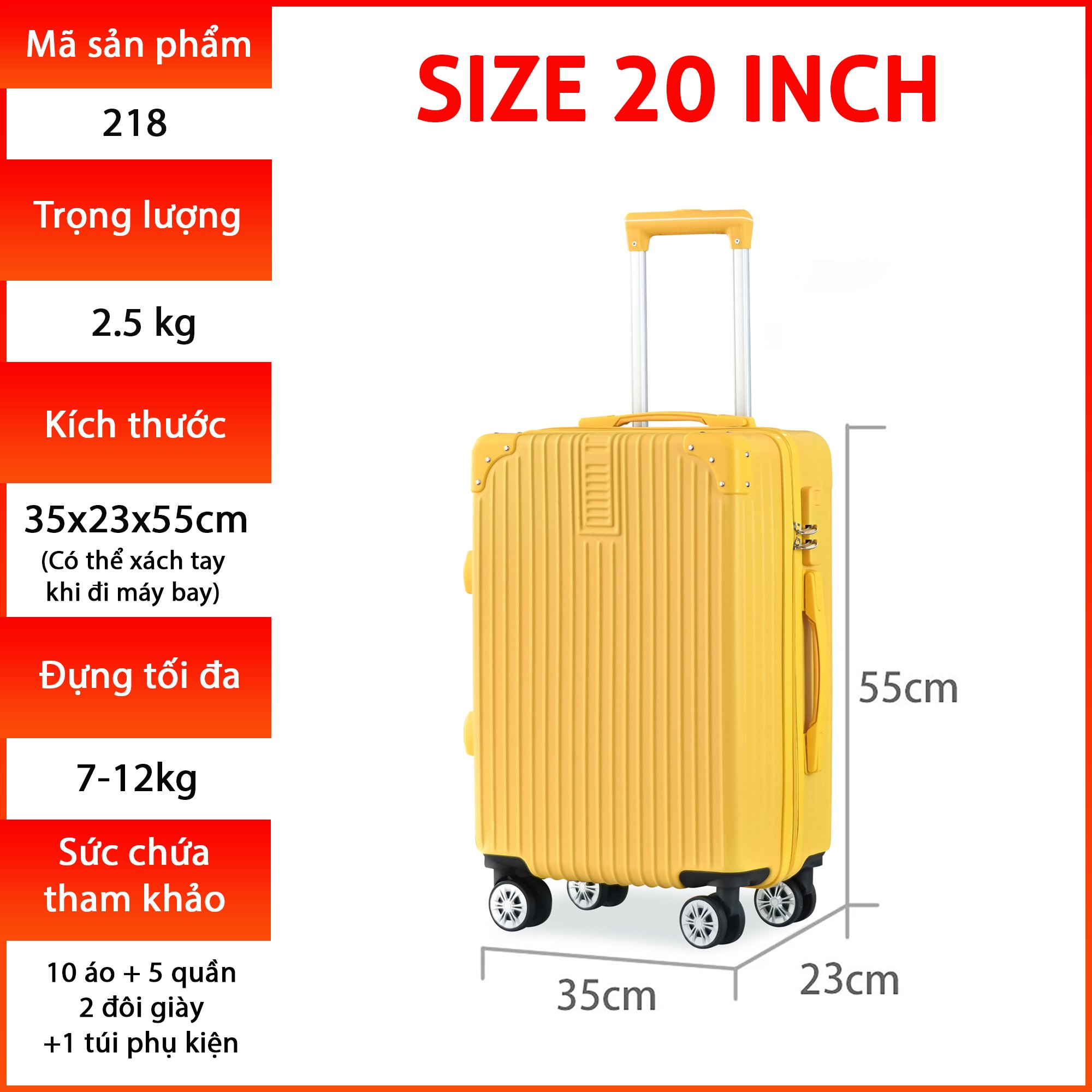 Vali du lịch kéo cao cấp độc quyền chính hãng Size 20inch KS-218 - Xanh lam nhạt