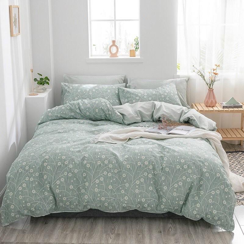Set Chăn Ga Gối Cotton Living Hàng nhập khẩu Cao Cấp 4 Món Vintage Hoa Nhí Xanh
