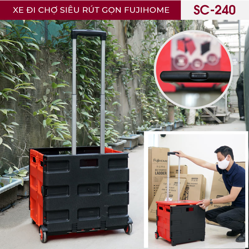 Xe kéo đẩy hàng đi chợ siêu xếp gọn hình hộp vali FUJIHOME SC-240- Hàng chính hãng