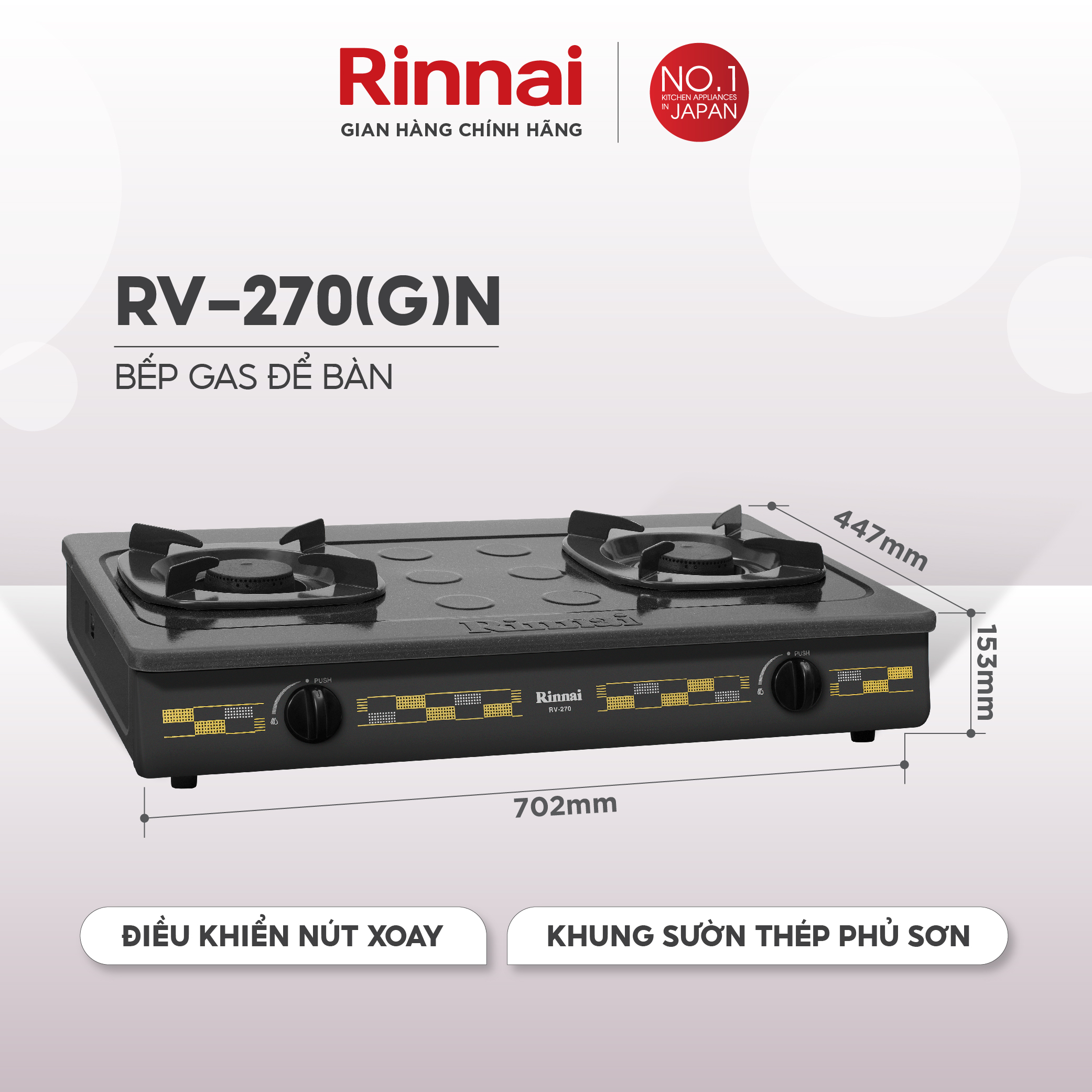 Bếp gas dương Rinnai RV-270(G)N mặt bếp kính Schott và kiềng bếp men - Hàng chính hãng