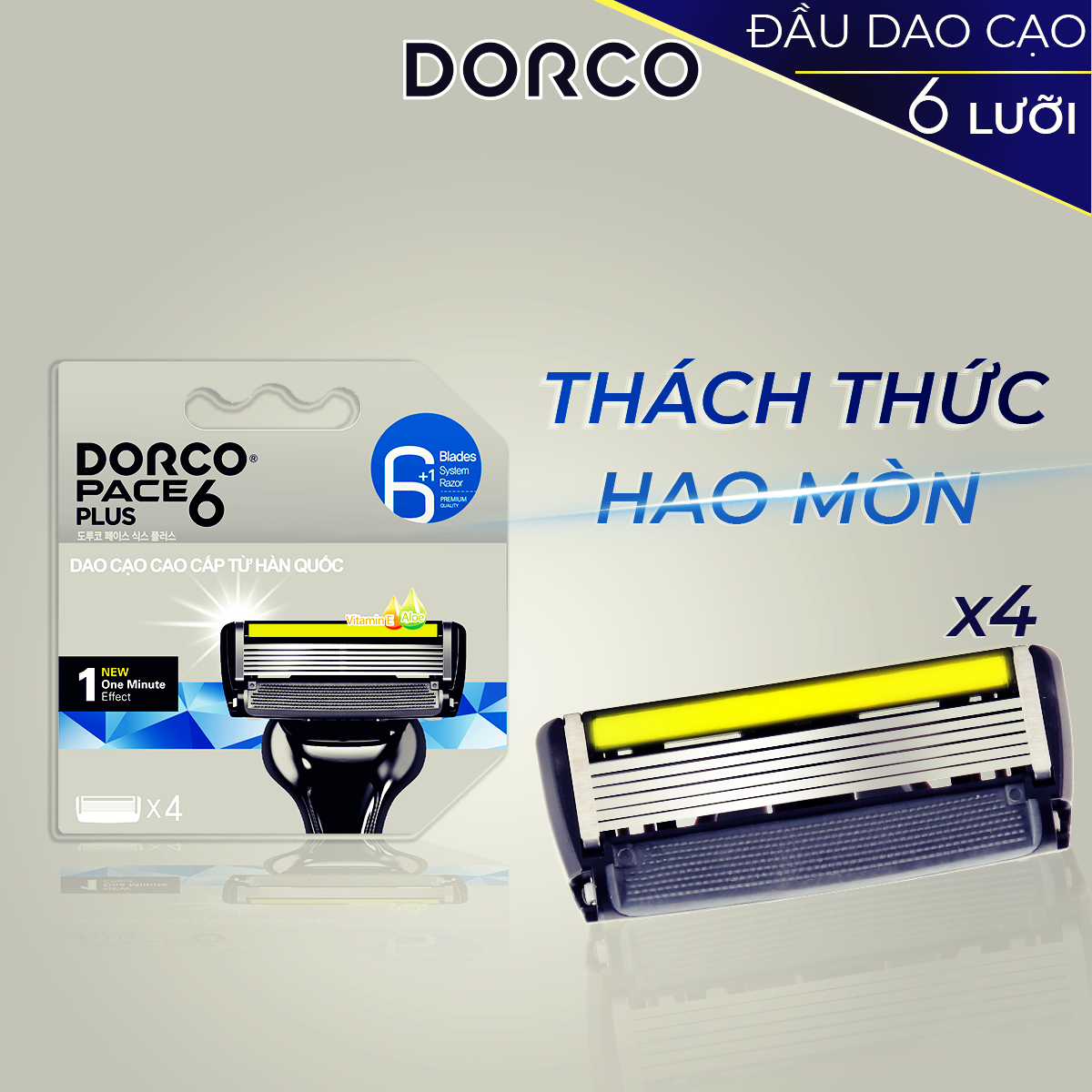 Vỉ 04 Đầu Cạo Râu 6 Lưỡi Dorco Pace 6 Plus SXA 5040-B Tặng Dao Cạo Râu Dorco Pace 6