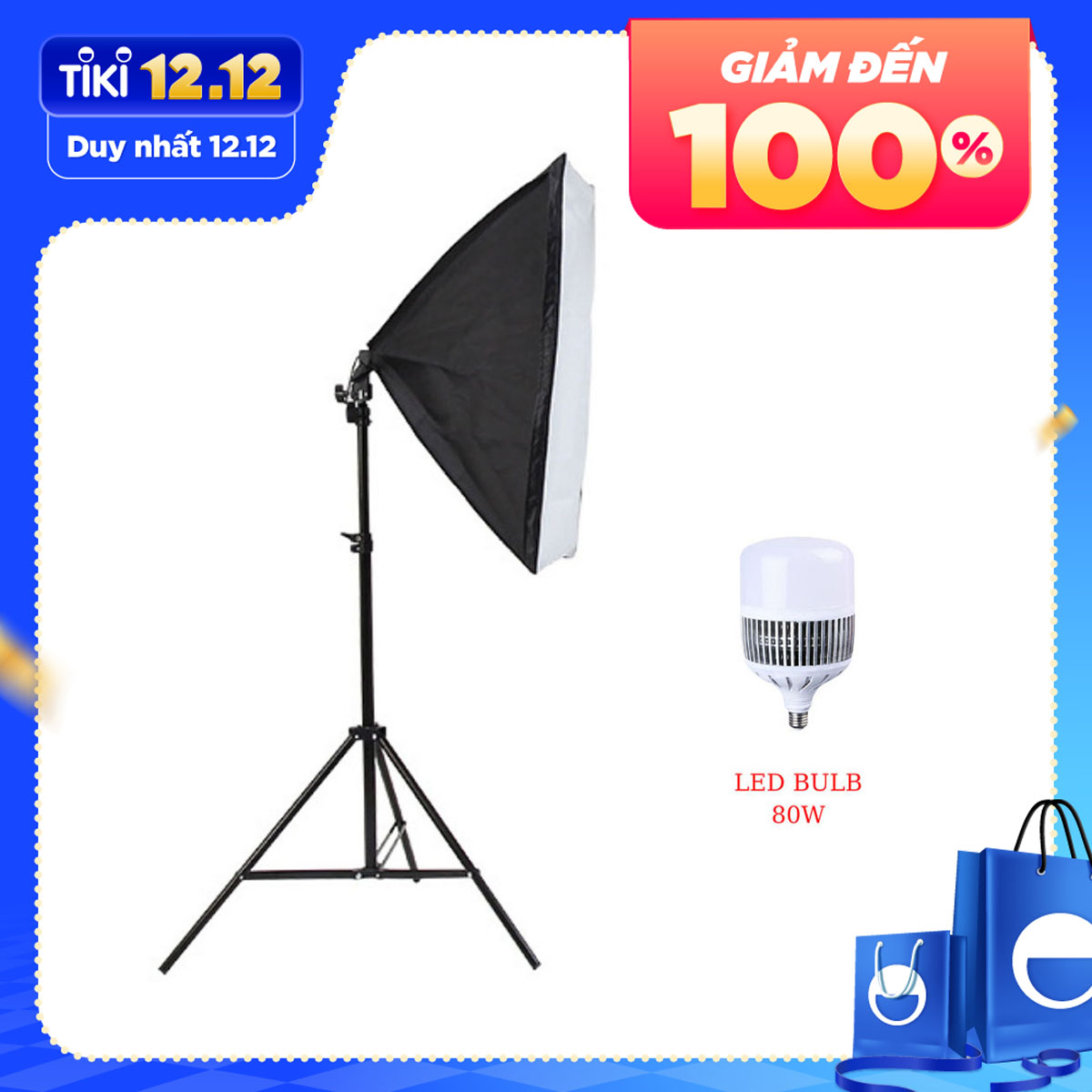 Bộ đèn studio chụp ảnh sản phẩm, quay phim, livestream chuyên nghiệp, bộ gồm chân đèn 2m kèm softbox 50x70cm, bóng đèn Led Bulb