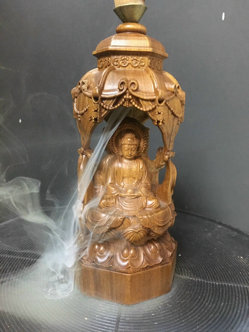 Tượng phật trạm khắc ba mặt xông trần bằng gỗ bách xanh thơm nức kt cao 15×9×9cm