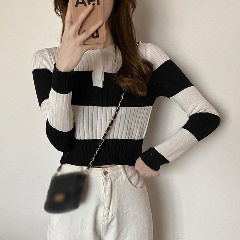 Áo Sweater Dệt Kim Tay Dài Phối Màu Tương Phản Dễ Phối Đồ Cho Nữ