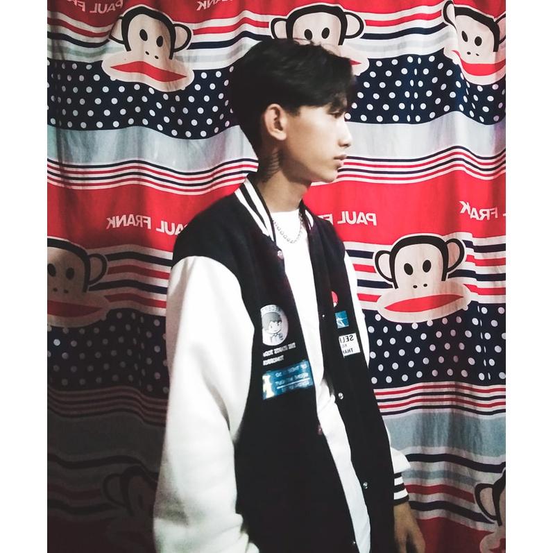 Áo khoác Bomber, Áo khoác bomber 2 lớp phối tay đen trắng freesize form rộng nam nữ mặc đồ đôi cực ngầu