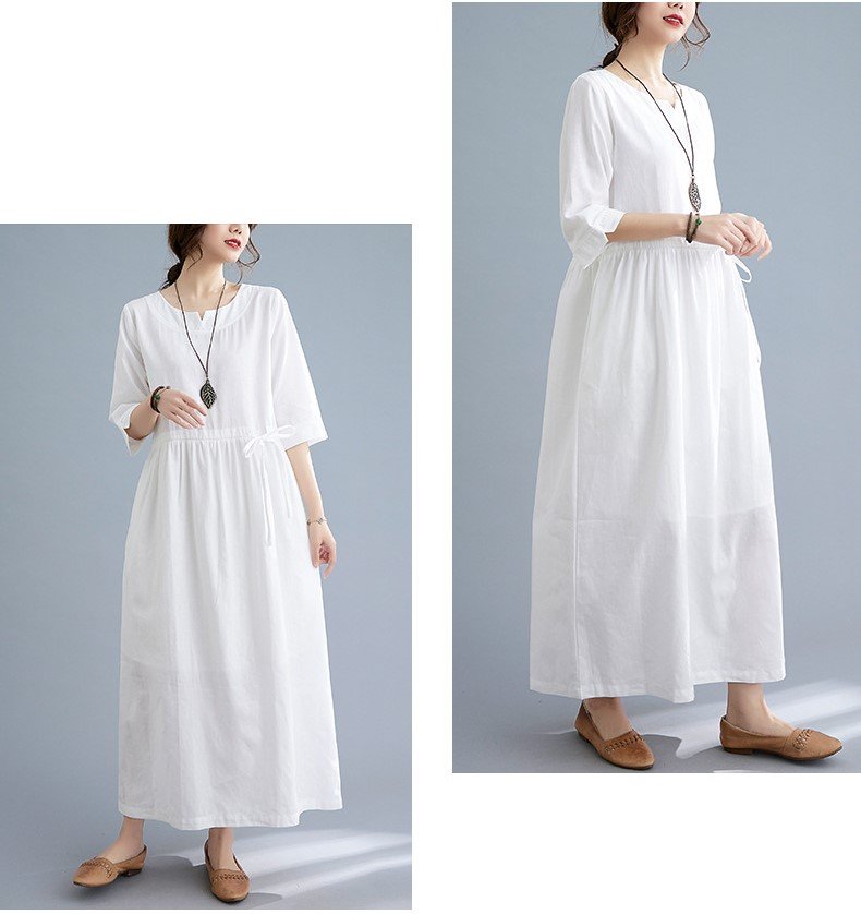 Đầm trắng linen công sở dáng maxi, họa tiết trơn basic, thiết kế tay lỡ xinh CS78