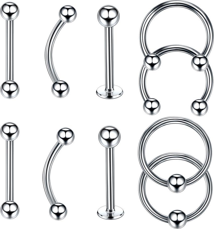 10 Pieces Stainless Steel Nose Lip Tongue Eyebrow Tragus Navel Belly Ring Piercings 16g