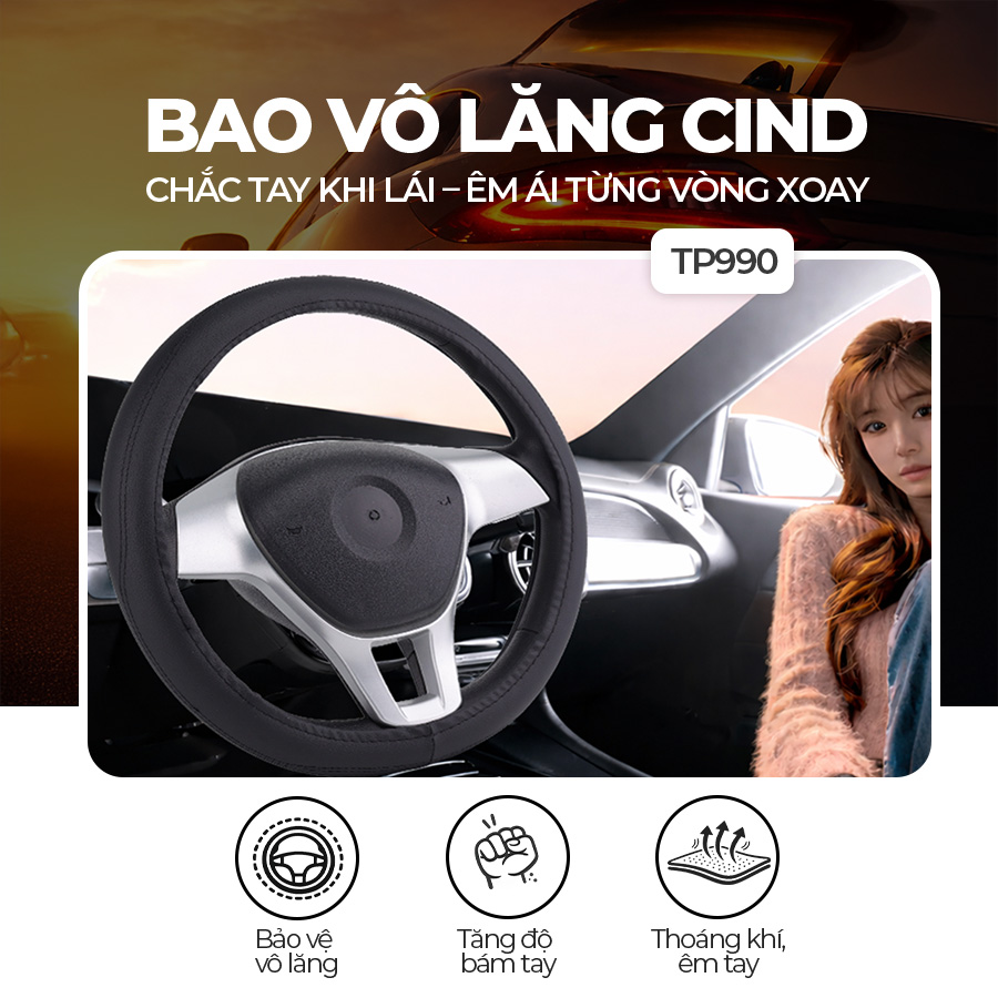 Bọc Vô Lăng CIND TP990 Size M Màu Đen Da PU Lõi TPE Chống Trượt Siêu Êm - Nhập Khẩu Chính Hãng