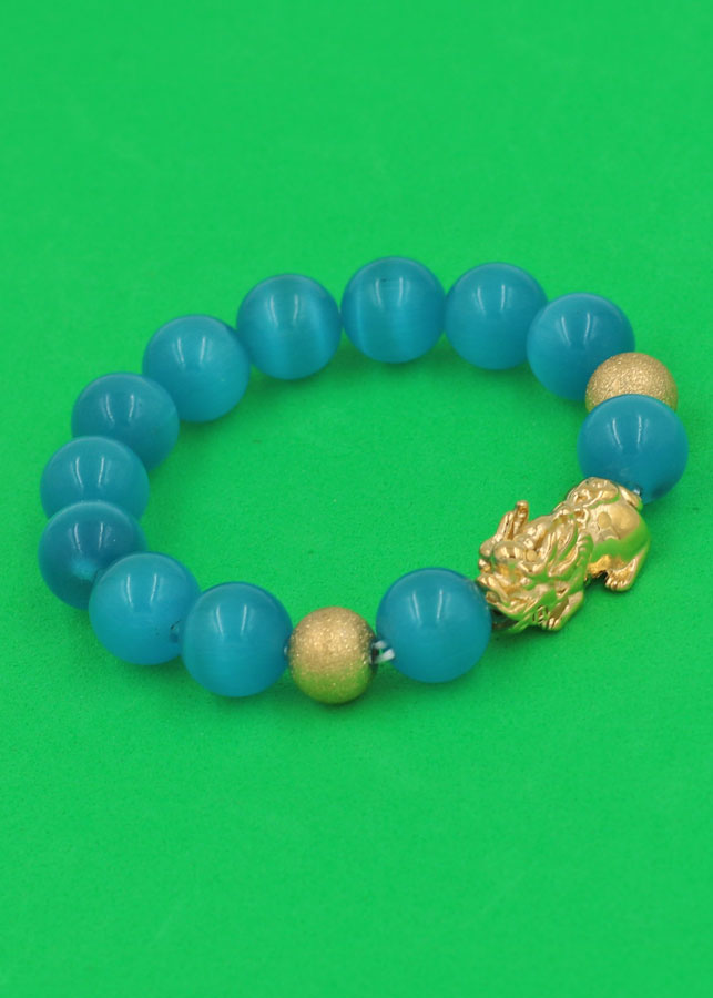 Vòng đeo tay Đá Mắt Mèo Xanh Biển 12 ly - cẩn Tỳ Hưu Phong Thủy inox vàng VMEXBTHHBV12 - hợp mệnh Thủy, mệnh Mộc