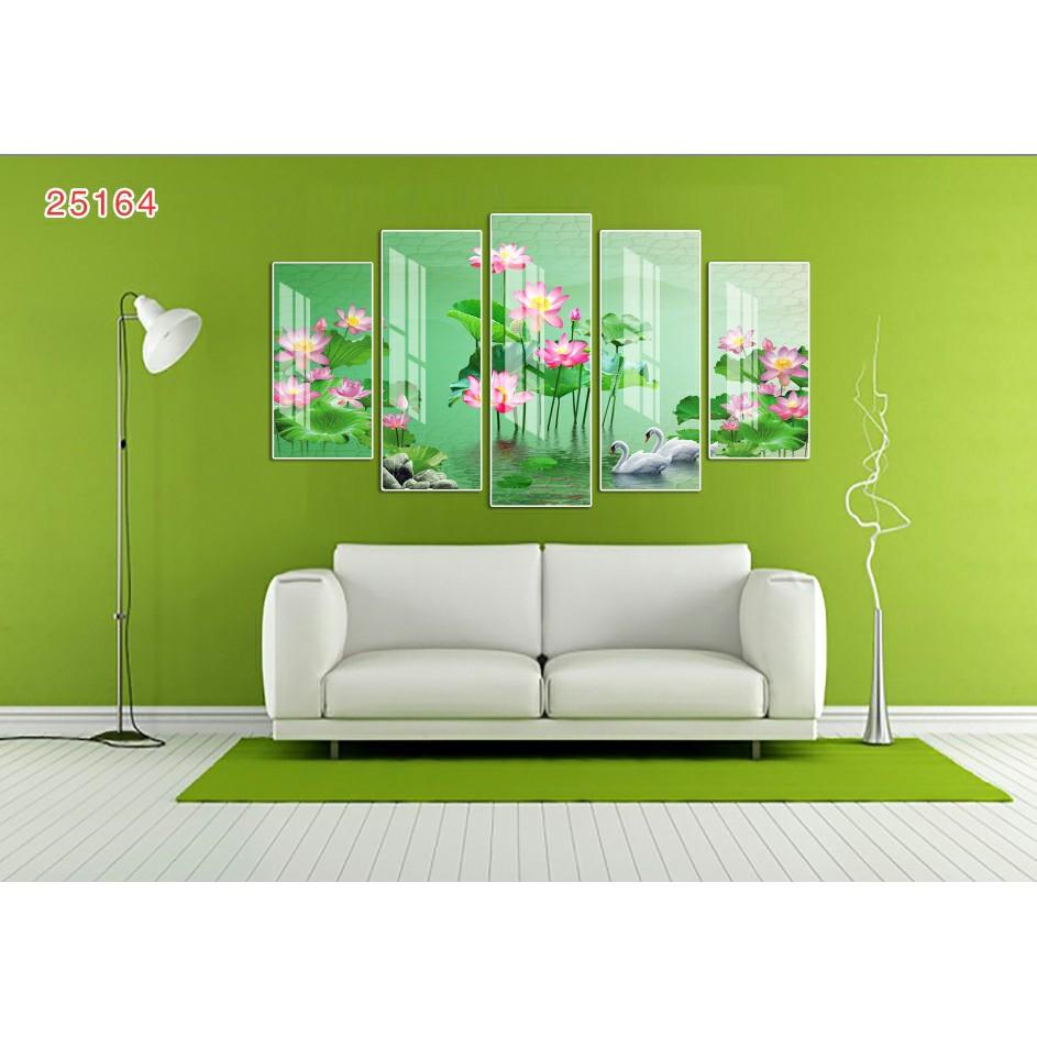 Tranh treo tường trang trí Hoa sen 5 tấm 3D/gỗ MDF Hàn Quốc chống ẩm mốc, mối mọt