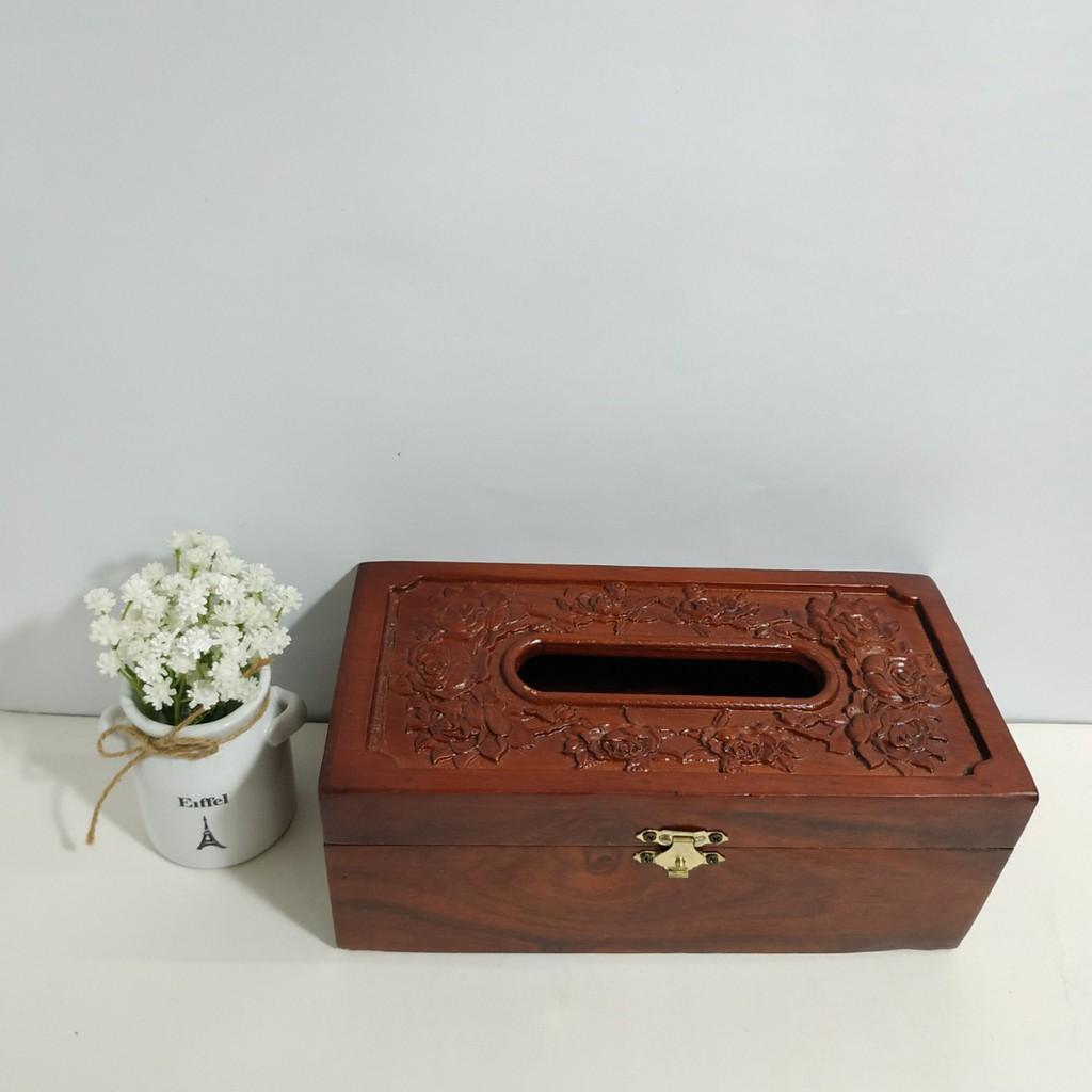 Hộp đựng giấy ăn GỖ HƯƠNG chạm khắc hoa hồng leo có viền