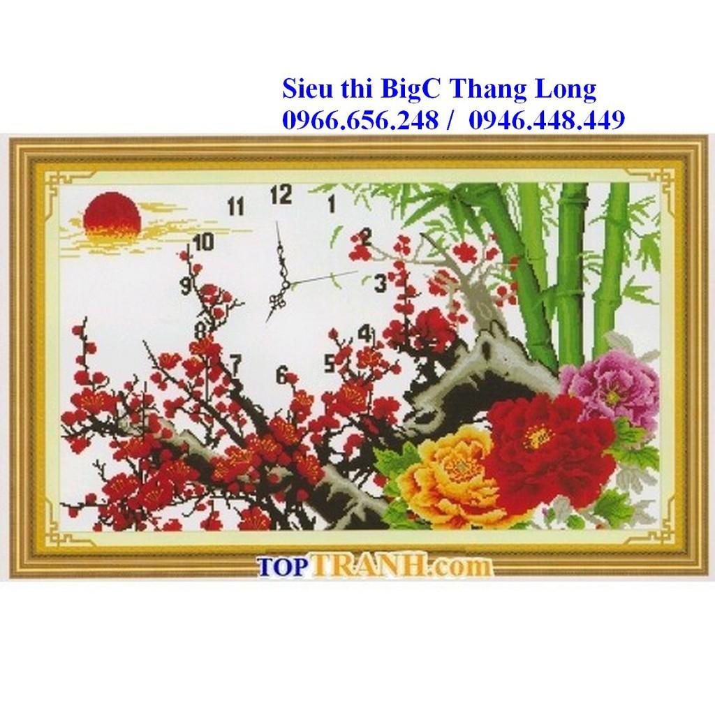 Tranh thêu chữ thập đồng hồ hoa đào đỏ có mẫu đơn và trúc 222827