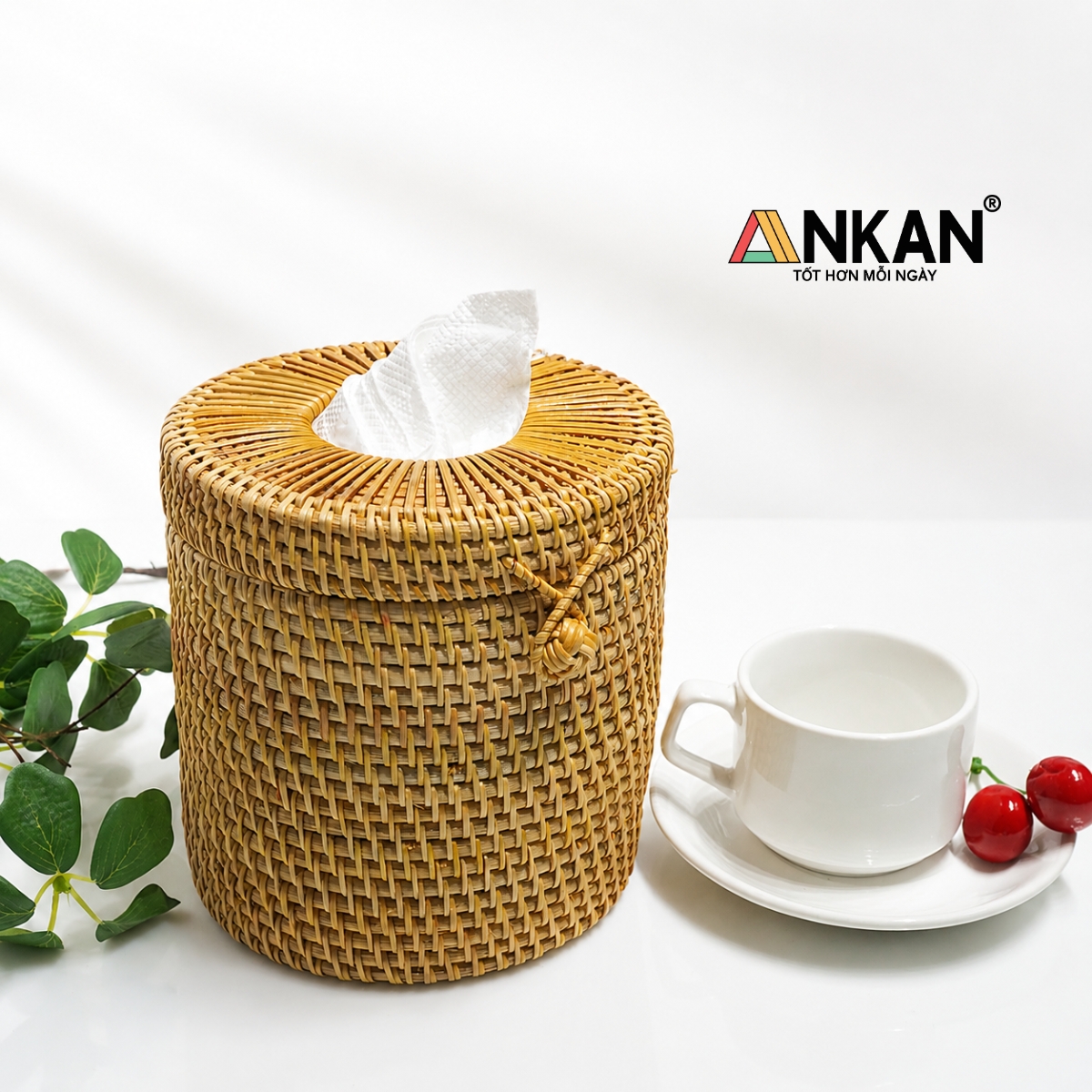 Hộp Khăn Giấy Mây Tre Hình Tròn ANKAN – Decor Sang Trọng Nhà Tắm, Phòng Khách, Quán Cafe