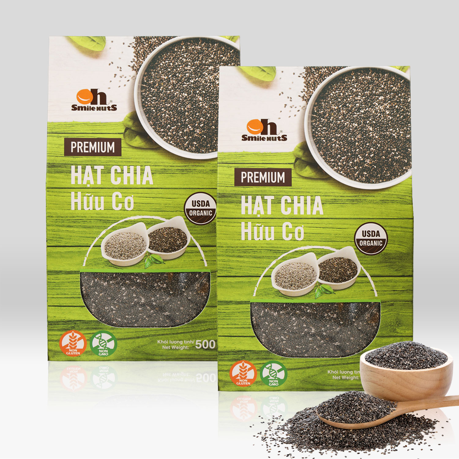 Combo 2 hộp Hạt Chia Đen Hữu Cơ Smile Nuts 500g - Nhập khẩu từ Nam Mỹ (Hạt Chia 100% Organic, hạt sáng, nở đều, không lẫn tạp chất)