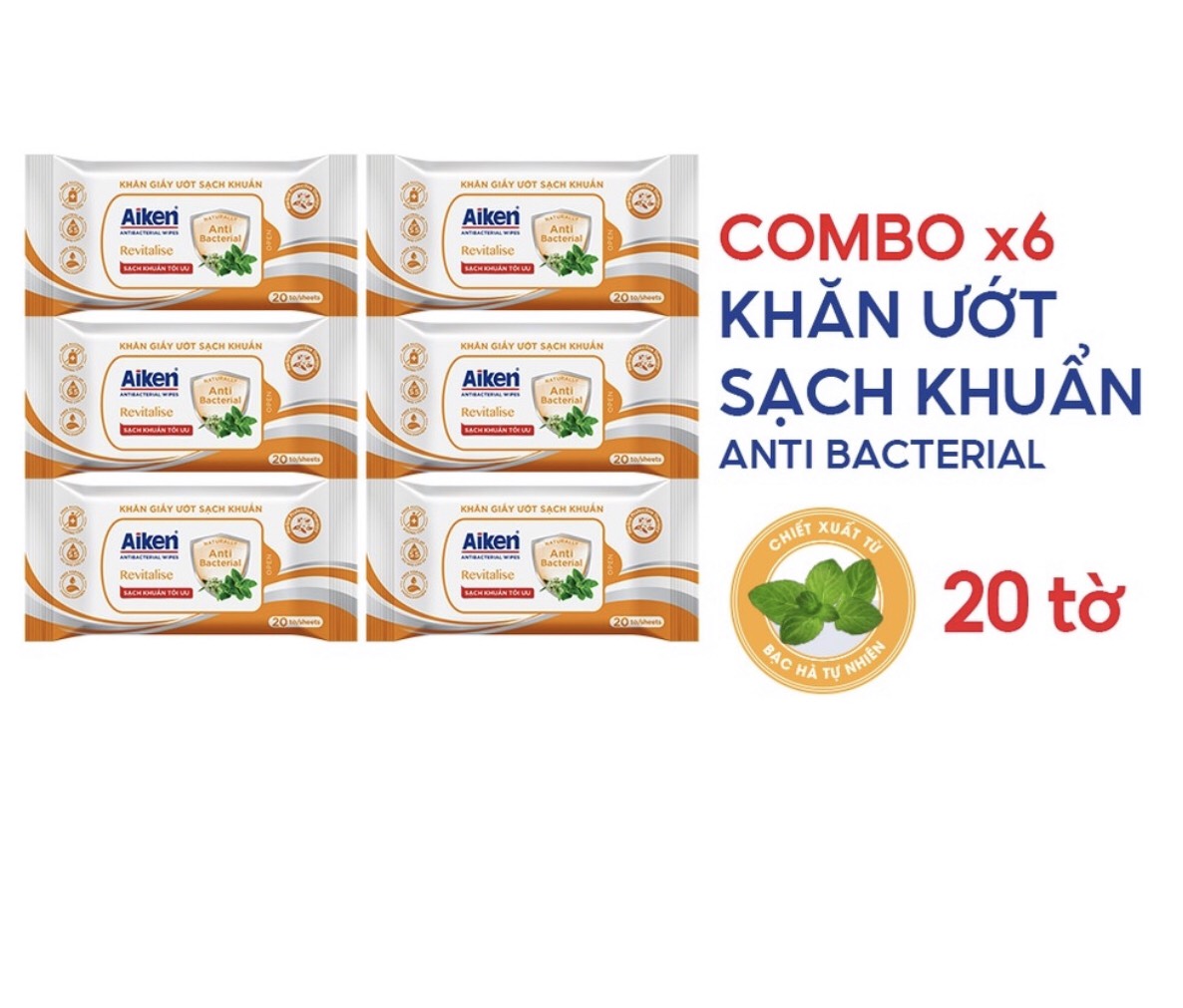 Combo 6 Bich Khăn Giấy Ướt Kháng Khuẩn Aiken Hương Trà Xanh, Bạc Hà (Bịch 20 tờ*6)