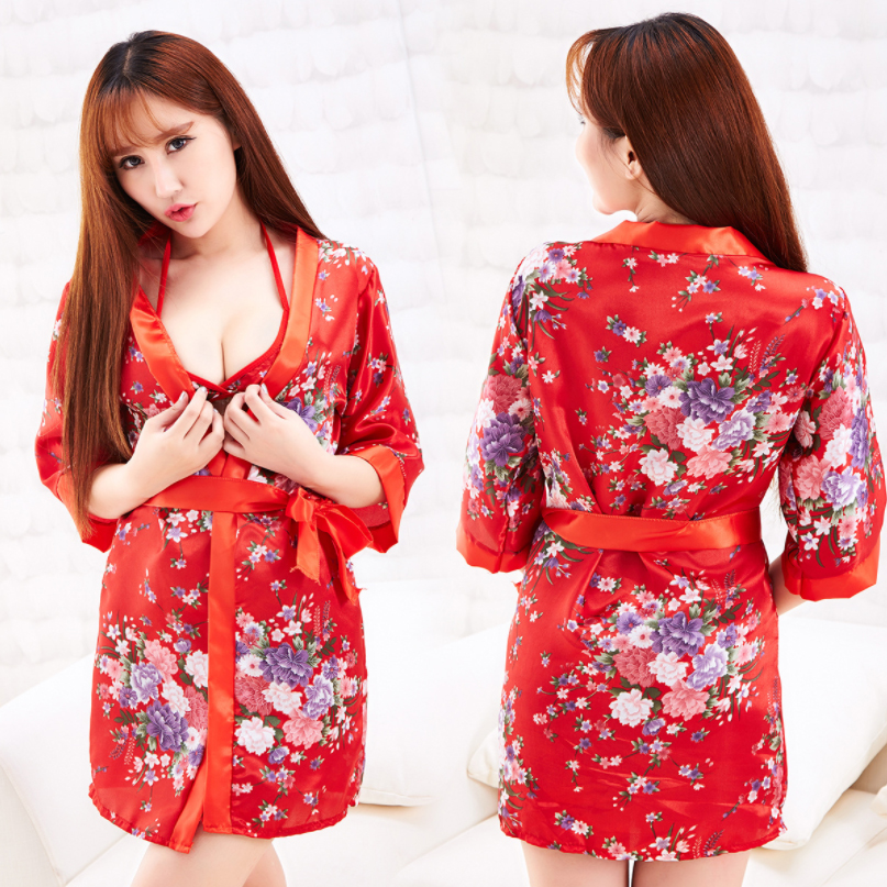 Áo Choàng Ngủ Kimono Hoa đỏ Phong Cách Nhật