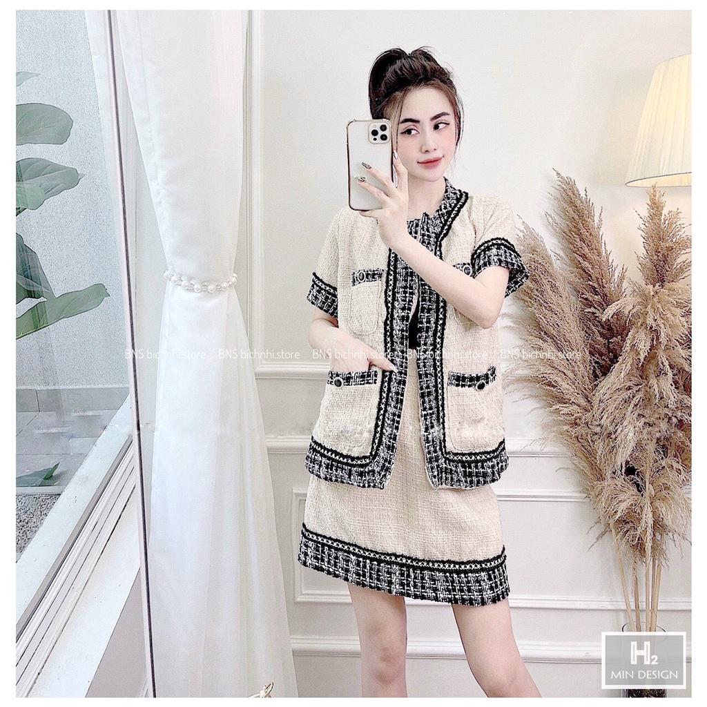 SET DẠ ÁO KHOÁC CÓ TÚI &amp; CHÂN VÁY - Open Front Flap Detail Tweed Jacket &amp; Skirt Set - BY BNS AGNES SET BNS005