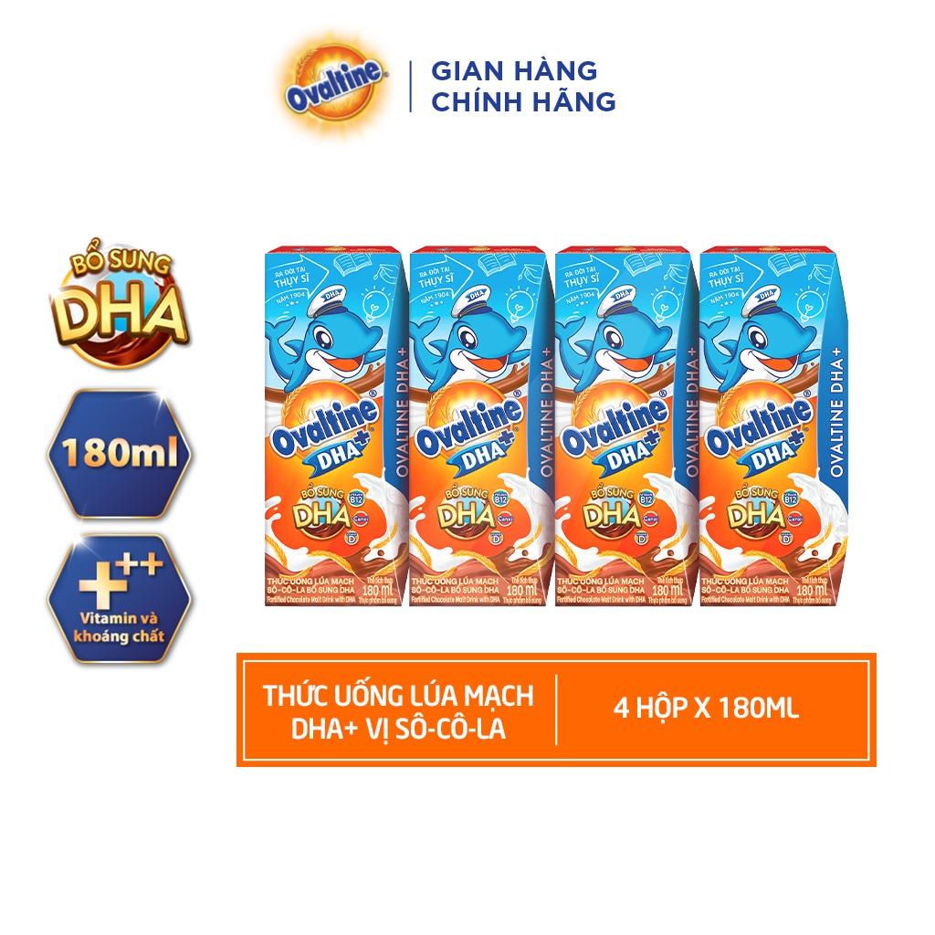 Sữa lúa mạch hương vị sô-cô-la Ovaltine DHA+ công thức mới 180ml (lốc 4 hộp)