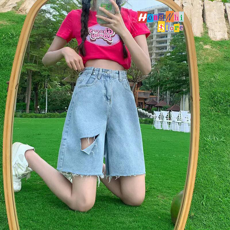 Quần Short Jean Ngố Đùi Rách Gối Cạp Cao Ống Rộng Ulzzang - MM