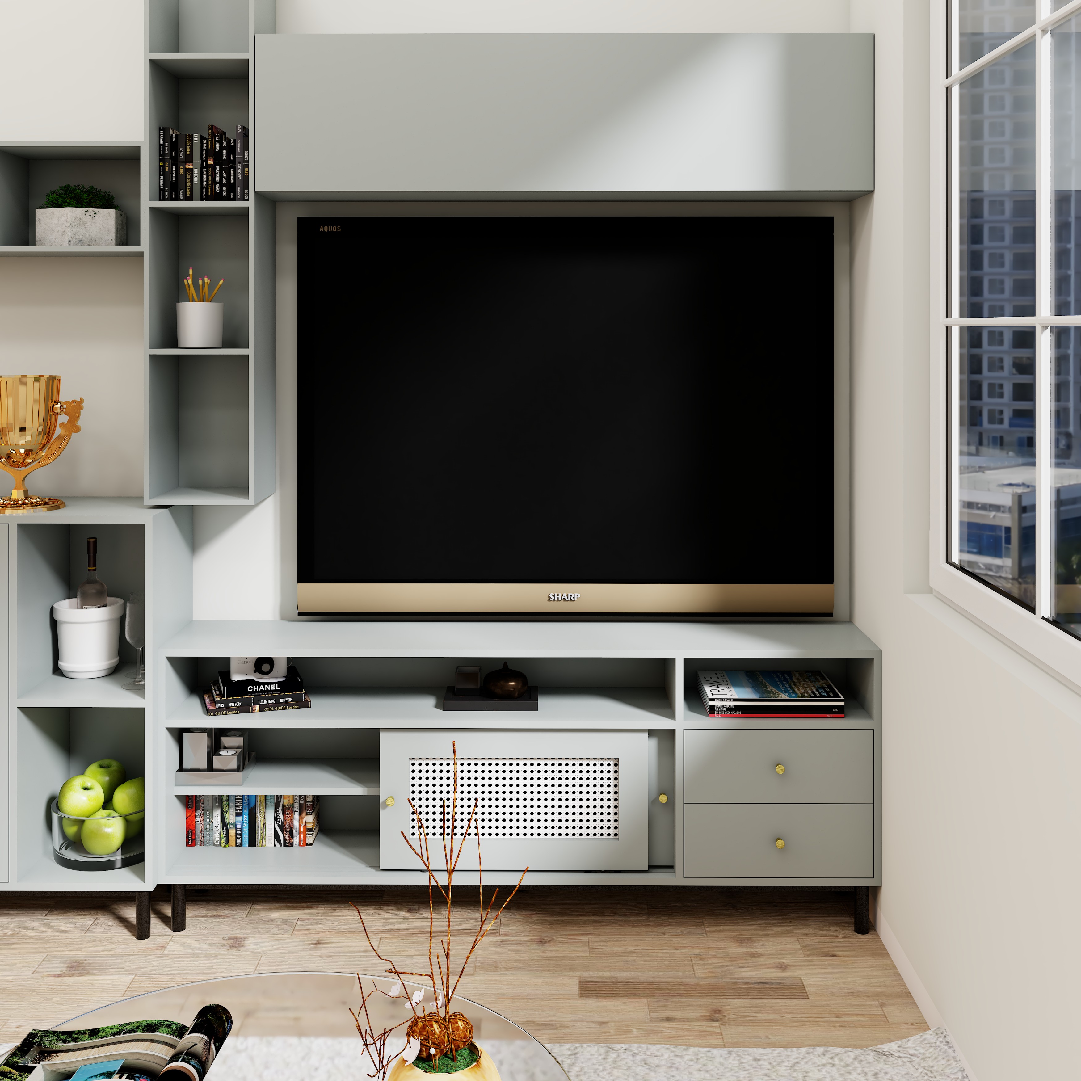 [Happy Home Furniture] ROTAN, Tủ lưu trữ 2 cánh lùa - 2 ngăn kéo - chân sắt, 160cm x 30cm x 64cm ( DxRxC), TCL_032