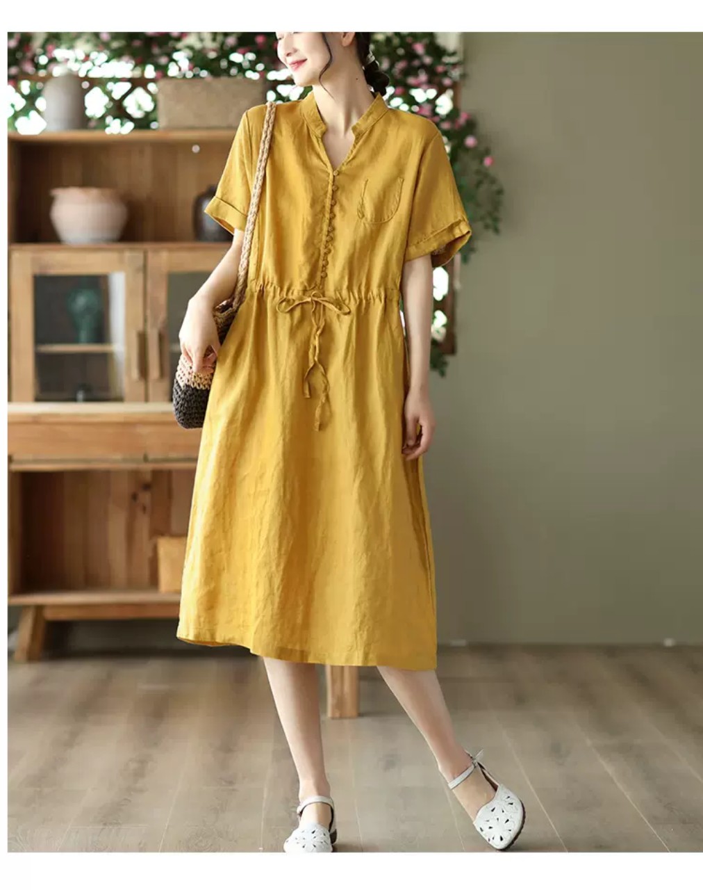 Đầm Linen suông nữ cổ V, Váy suông Linen rút eo cài cúc, tay ngắn có túi ngực, form rộng mặc hè cho nữ Haint Boutique