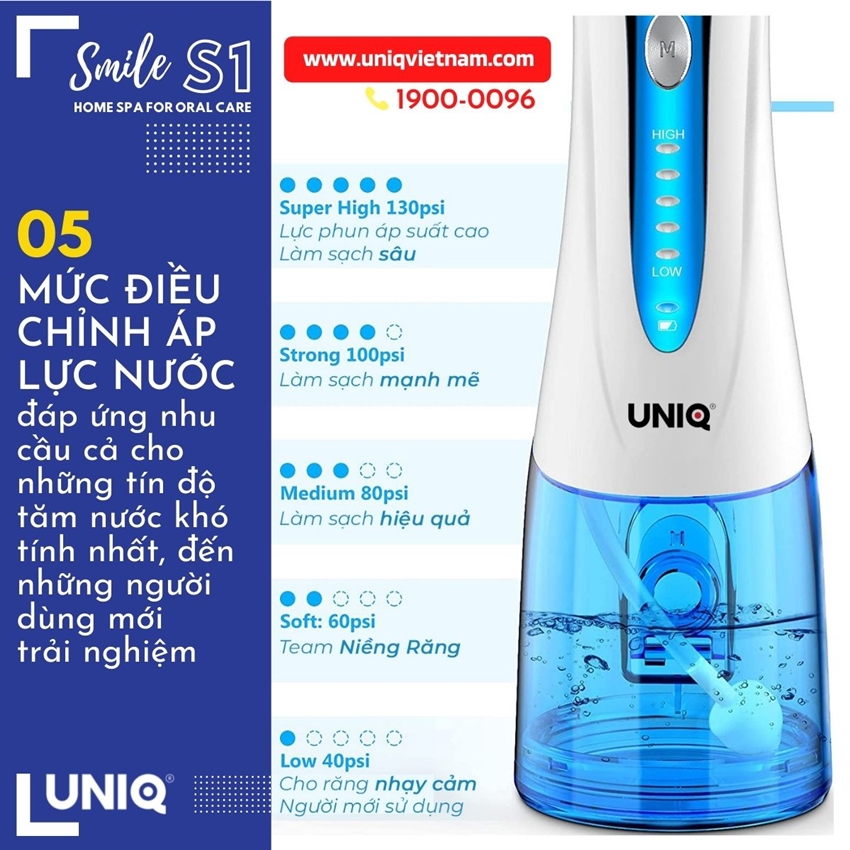 Tăm Nước Cầm Tay UNIQ Smile S1 Nhật Bản Cao Cấp Màu Trắng Xanh Máy Vệ Sinh Răng Miệng Mini Tốt May Tam Nuoc Waterpik Gia Đình Không Dây Xịt Xỉa Rửa Làm Sạch Kẽ Răng Niềng