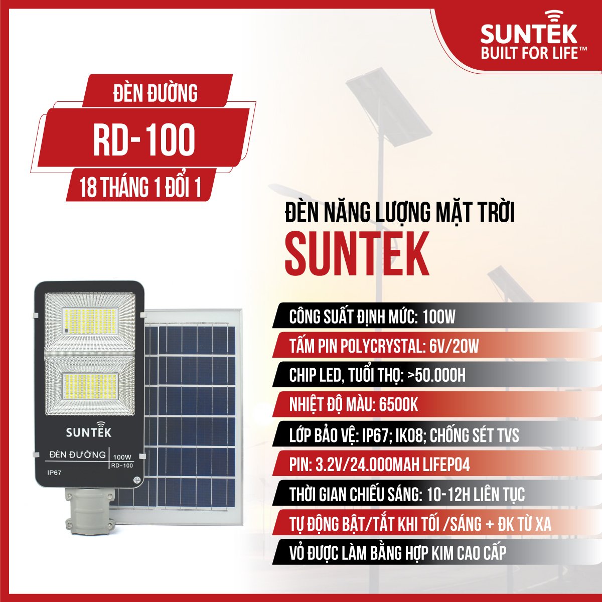Đèn Đường Năng Lượng Mặt Trời SUNTEK Solar Street Light RD-100 100W - Sáng 12h liên tục | Tự động Bật/Tắt | Điều khiển Từ xa | Chống Bụi/Nước/Va đập/Sét - Hàng Chính Hãng - Bảo hành 18 tháng