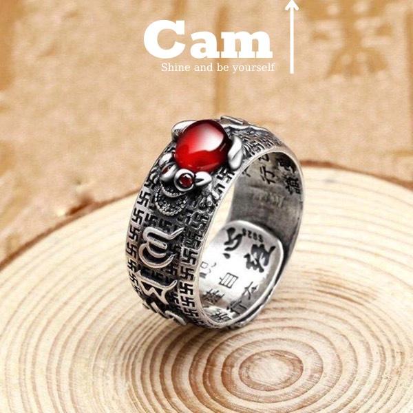 Nhẫn Nam Nữ Tròn Khảm Ngọc Đỏ Tì Hưu, Cóc Vàng Tài Lộc Chạm Khắc Màu Bạc Thời Trang Chất Titan Đẹp Đơn Giản Không Gỉ Cam