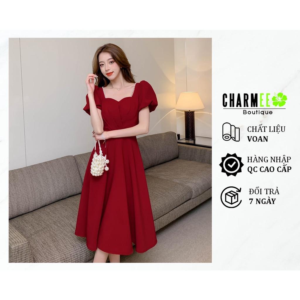 Đầm đỏ cổ thuyền đính dây ngọc