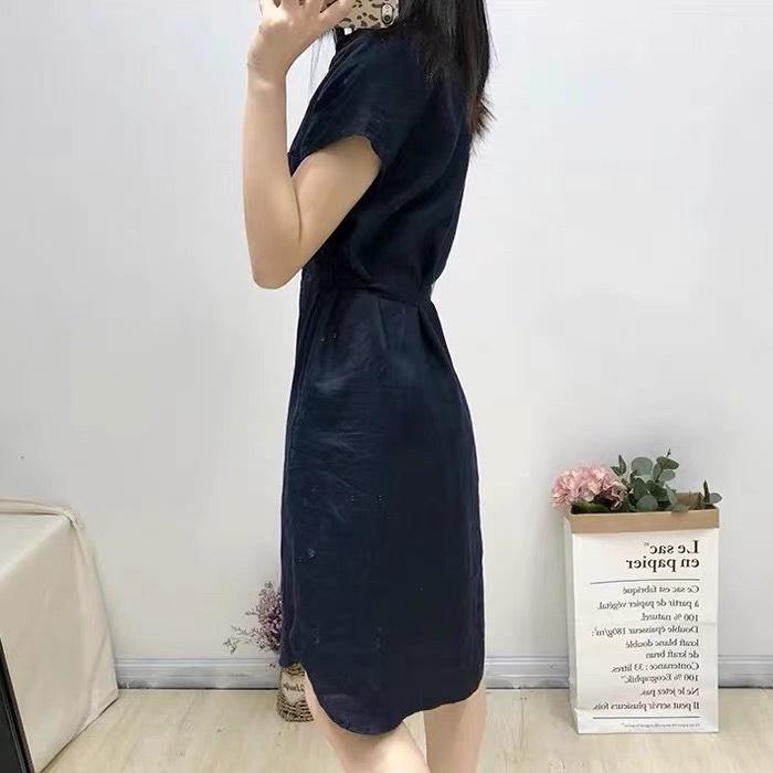 Đầm suông công sở linen cổ đức lượn đuôi tôm 2 túi ngực trẻ trung, thời trang hè thu 2022
