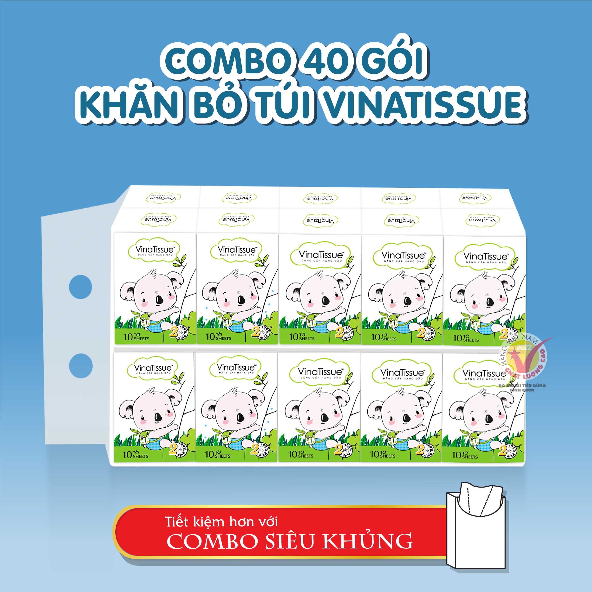 [COMBO 40 GÓI] Khăn giấy bỏ túi đa năng Premier VinaTissue 2 lớp 100% bột giấy nguyên sinh, không chất tẩy gói 10 tờ