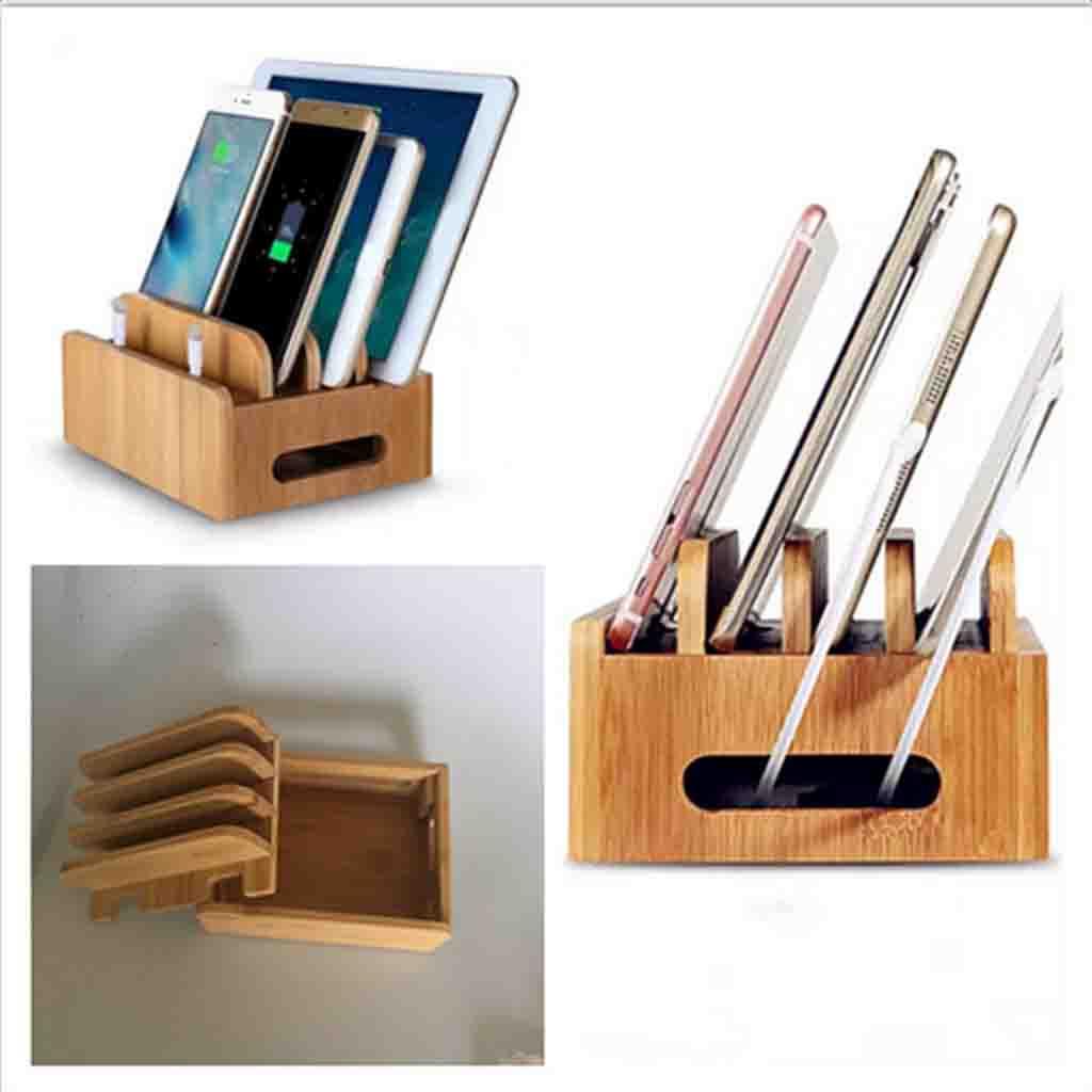 Cord Organizer, 4 Slots Bamboo Stand Multi-device Desktop Cords Organizer Dock Charging Station Holder with Built-in Insert Slots for Smartphones, Tablets and Laptops