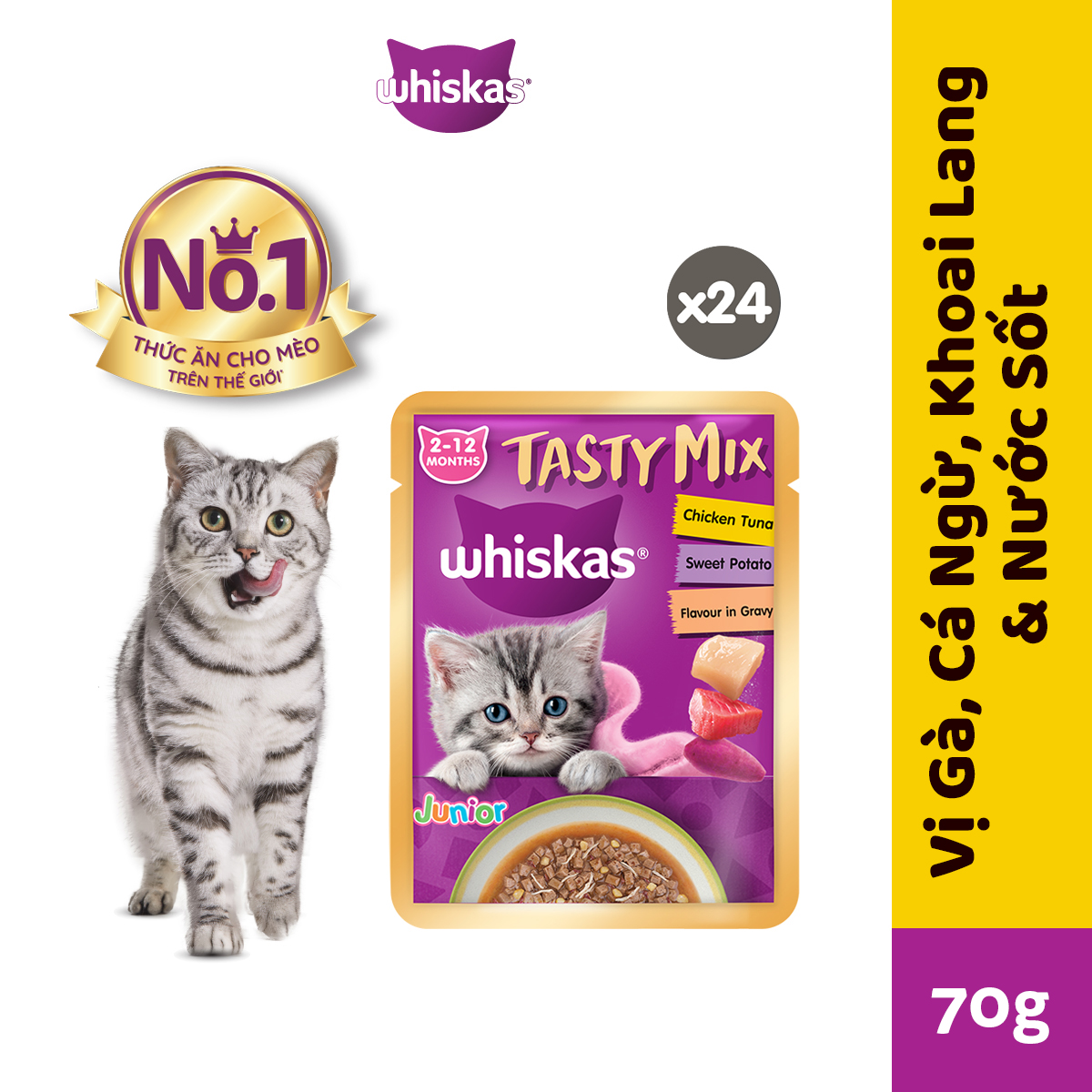 WHISKAS TASTY MIX Thức ăn cho mèo con dạng sốt - gói 70g, 24 gói