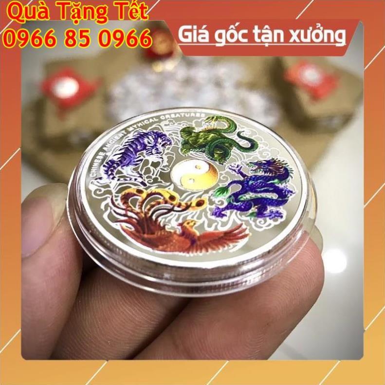 Đồng Xu Tứ Linh Long Lân Quy Phụng Phong Thủy May Mắn