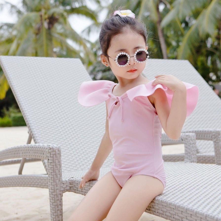 Đồ bơi Bikini liền thân bé gái bèo cổ hoa hồng hở lưng cột nơ kèm nón