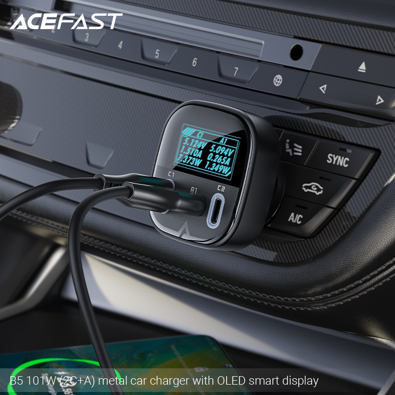 Sạc ô tô Acefast 101W 3 cổng 2xUSB-C + USB-A có đèn hiển thị - B5 Hàng chính hãng Acefast